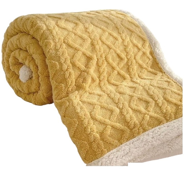 Patura pufoasa cu blanita, 2 persoane, JOJO HOME, 200x230 cm, 2 fete, mustar uni