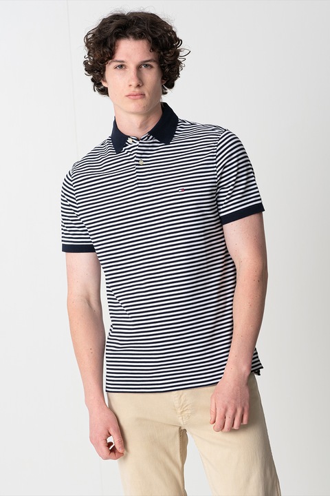 Tommy Hilfiger, Tricou polo din amestec de bumbac organic 1985, Alb, Bleumarin, S