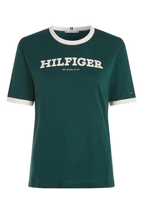 Tommy Hilfiger, Tricou cu imprimeu logo si decolteu la baza gatului, Alb/Verde