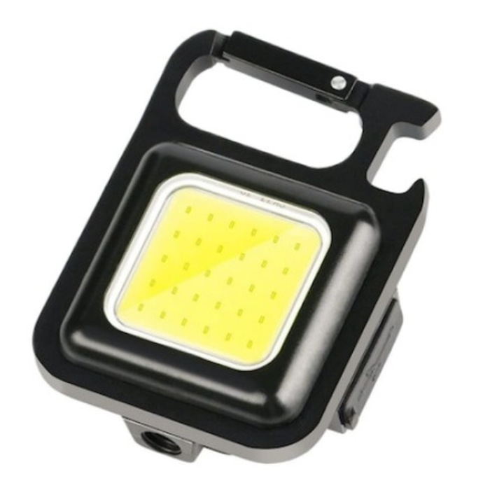 Mini reflektor kulcstartó, sörnyitó, karabiner klip, mágneses, elem, 800 lm, fekete, Dactylion®