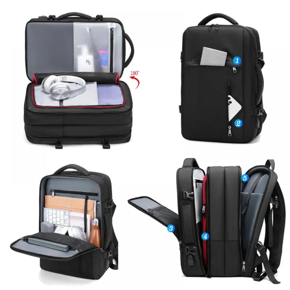 Rucsac multifunctional, MingLu, compatibil cu laptop 17 inch si tableta 7.9 inch, extensibil 20-39L, port USB, impermeabil, unisex, spatios, pelerina inclusa, negru