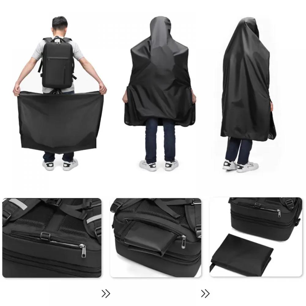 Rucsac multifunctional, MingLu, compatibil cu laptop 17 inch si tableta 7.9 inch, extensibil 20-39L, port USB, impermeabil, unisex, spatios, pelerina inclusa, negru