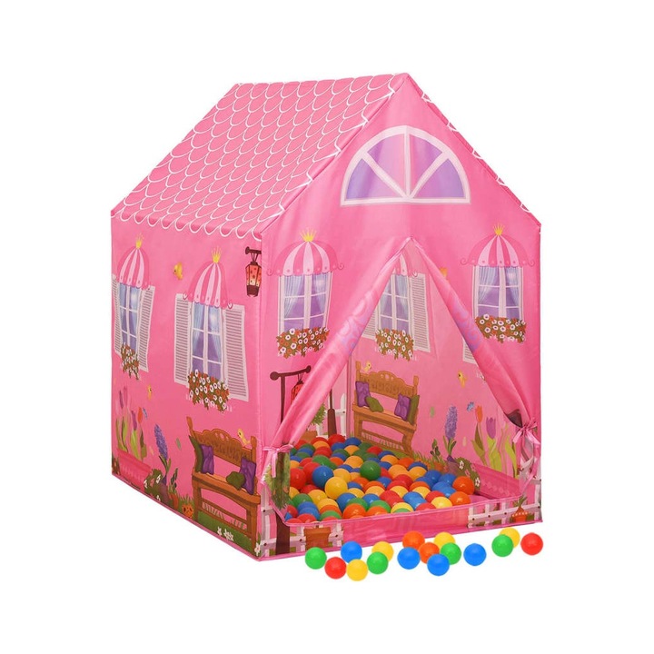 Cort pentru copii, vidaXL, 69x94x104cm, 250 Bile de jucarie incluse, Multicolor