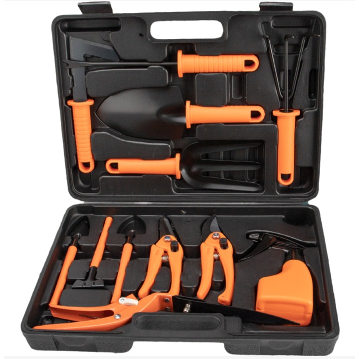 Set 12 accesorii pentru gradinarit, geanta depozitare inclusa, otel inoxidabil, 37 X 27 cm, portocaliu