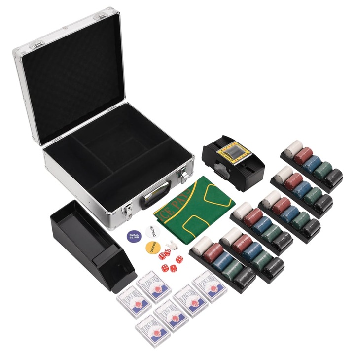 Zakito Europe Poker Set, 600 чипа, 5 зара, 6 пакета карти, 6 държача за чипове, многоцветен, 37x37,5x15,5 cm