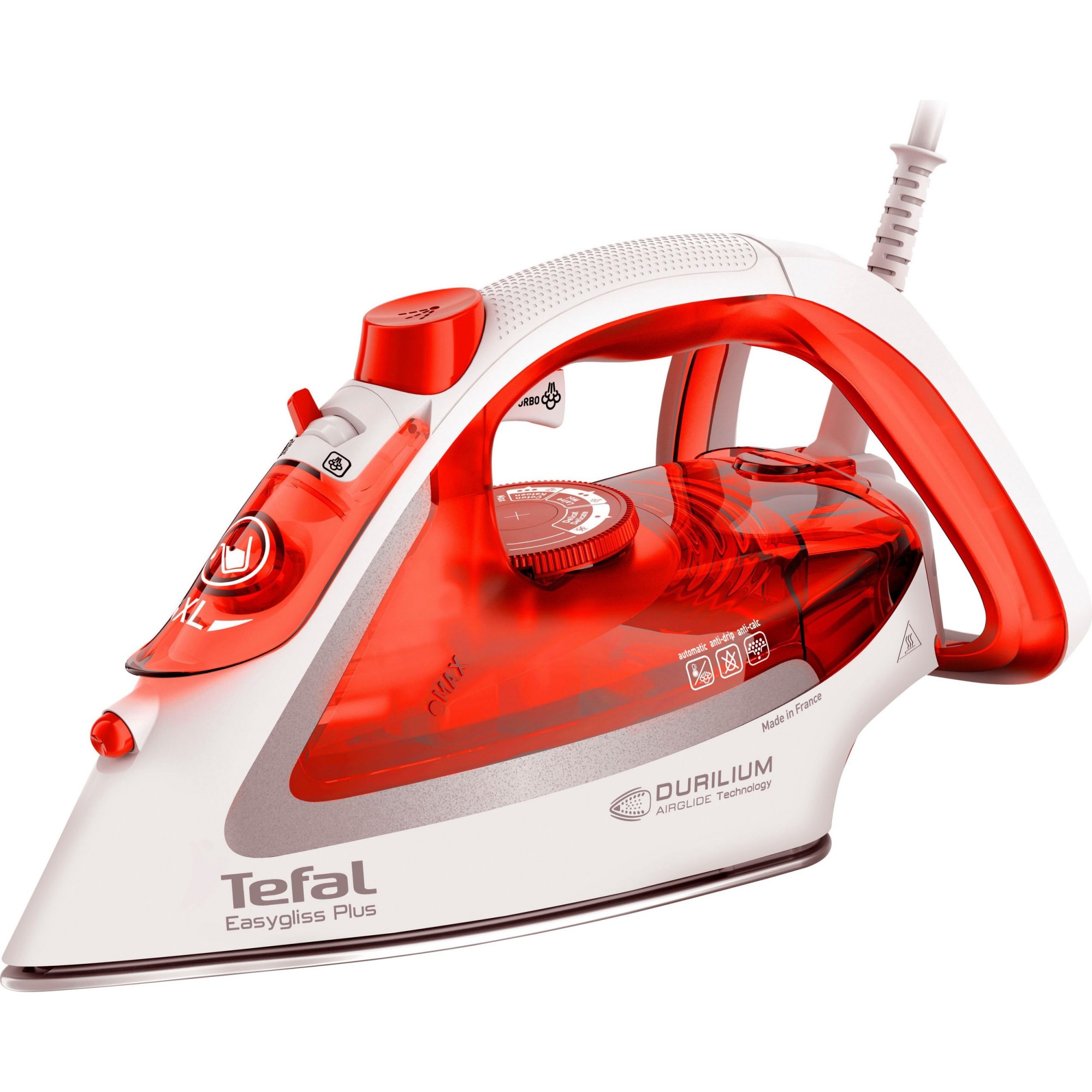 Fier de calcat cu aburi Tefal Easygliss Plus FV5738, 2800 W, 270 ml, 280g/min, Alb/Rosu