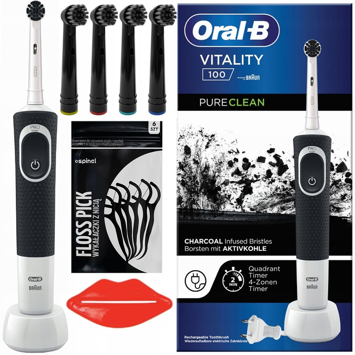 Oral-B Vitality 100 Pure Clean Black elektromos fogkefe, 4 cserélhető kefefej, fekete/fekete