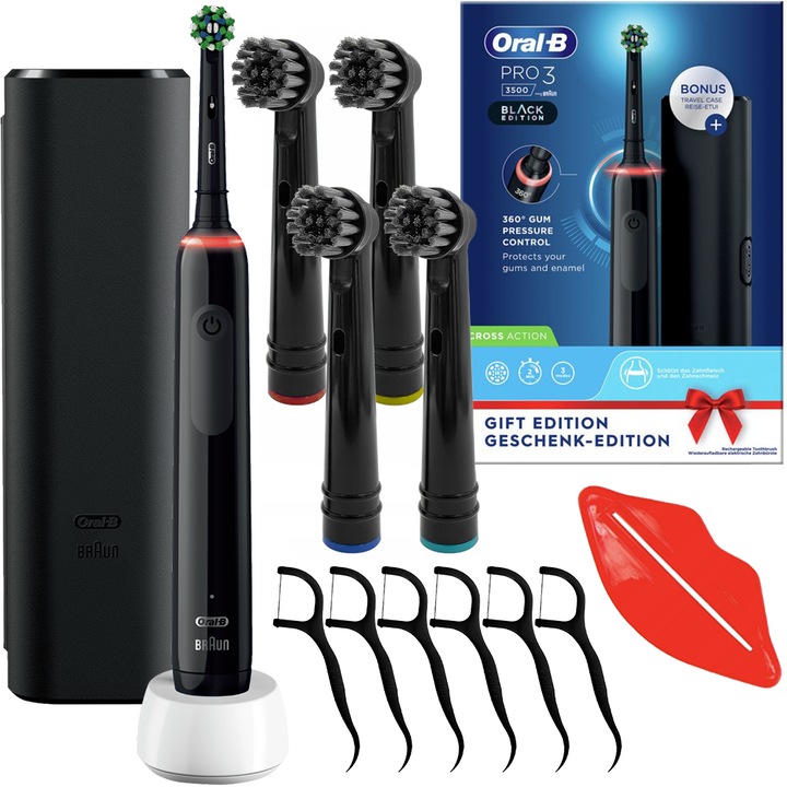 Oral-B Pro 3 3500 Black Edition elektromos fogkefe, 4 db csere fogkefehegy, fekete