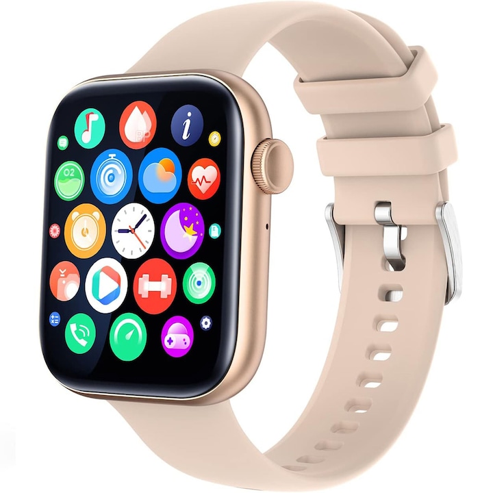 Ceas SmartWatch Amzsa P45, Apelare prin Bluetooth, Incarcare magnetica, Ritm Cardiac, Monitorizare somn, Control muzica, Notificari, Moduri sport, Alarma, Rezistent la apa, Asistent vocal, Gold