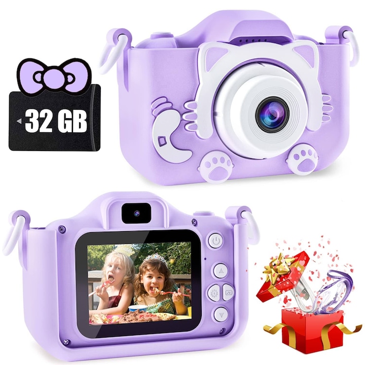 AOVO gyerek kamera, 32 GB-os SD-kártya 1080P HD, 23 millió pixel, 2, 0 hüvelykes, 600 mAh, 3 éves kortól, lila