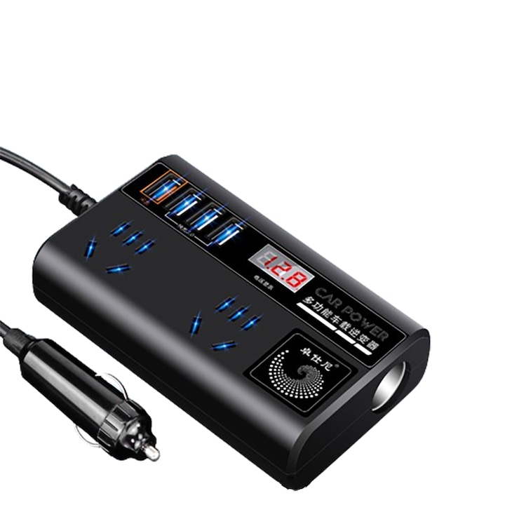 Интелигентен автомобилен инвертор, ABS, 13×8×3.5см, Черен