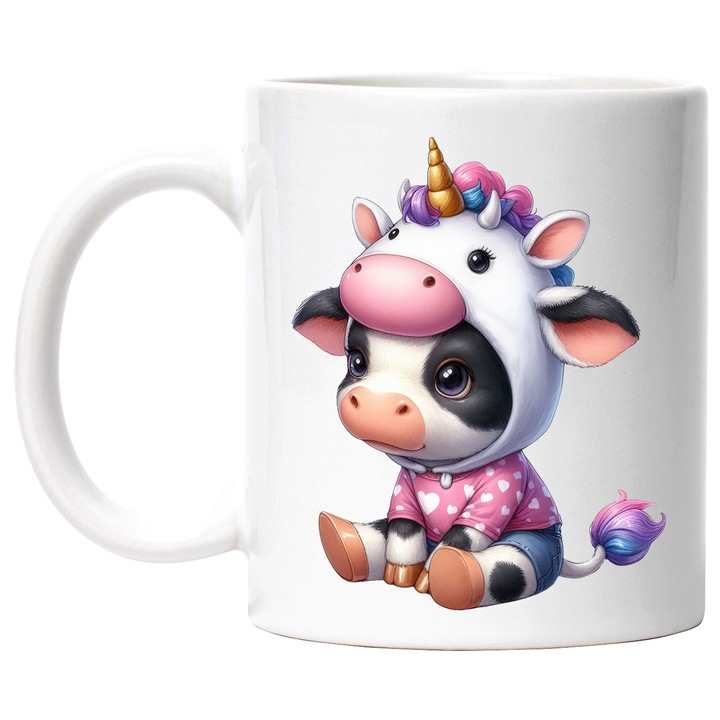 Bögre tehénnel unikornis kalappal, illusztrációval, szívecskés blúz, gyerekeknek, szeretet kerámia, 330 ML fehér fogantyúval