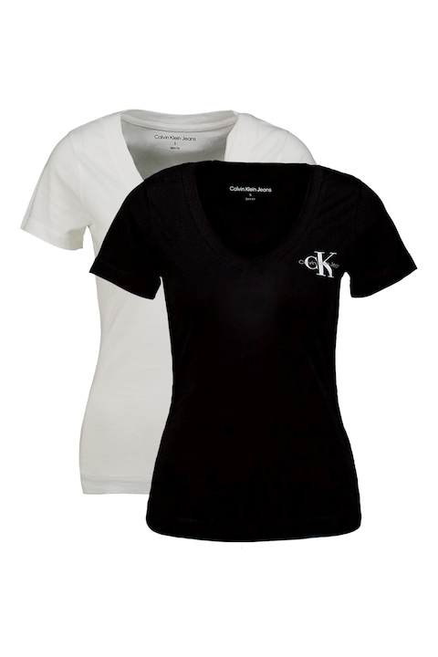 CALVIN KLEIN JEANS, Set de tricouri cu decolteu in V si imprimeu logo discret - 2 piese, Alb, Negru, XS