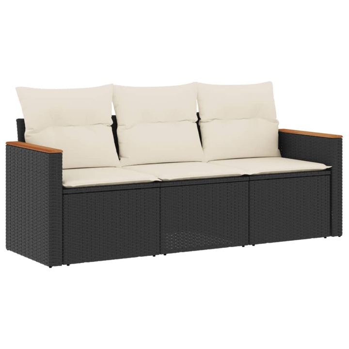 Set mobilier de gradina cu perne vidaXL, 3 piese, negru, poliratan, 3225755