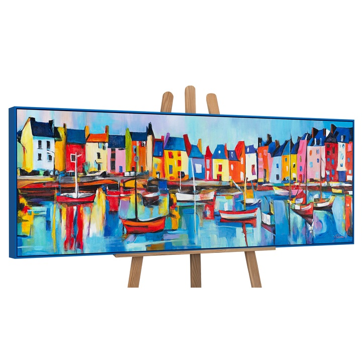 Tablou pictat manual, acrilic pe panza, Port stralucitor, cu rama in Albastru, 150x50 cm