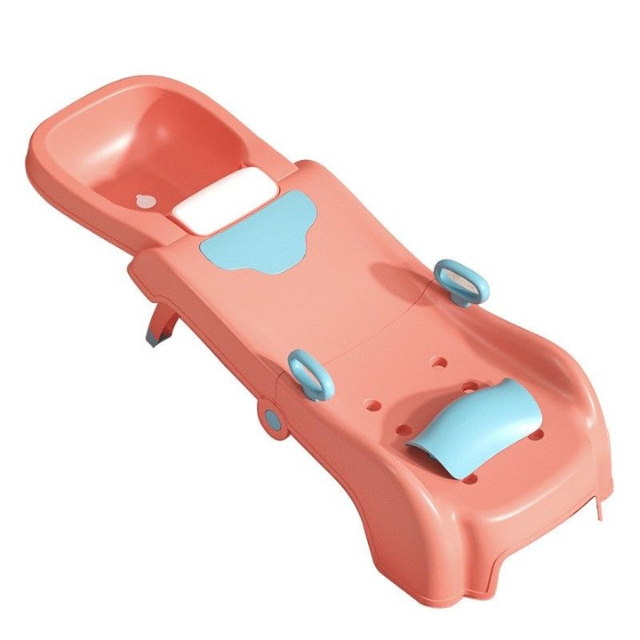 Сгъваема стойка за миене на коса eMazing, за деца, с дренаж, с нехлъзгащи се крачета, полипропиленов материал, регулируема опора за глава, с дръжки, 110 x 35 x 21 cm, розов