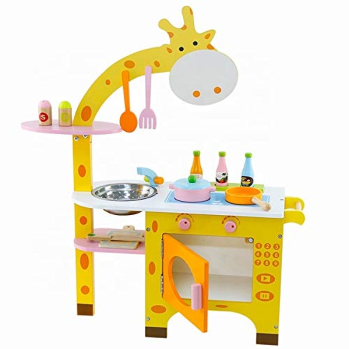 Bucatarie Girafa din lemn cu accesorii pentru copii, Helga Toys, Multicolor, 75 x 53, 5 x 22 cm