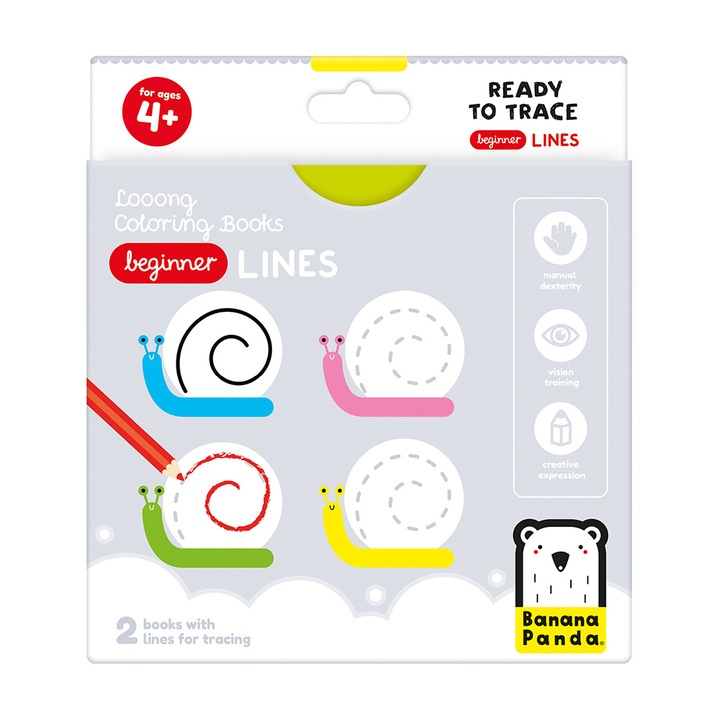 Kifestő és nyomkövető könyv gyerekeknek Ed.Banana Panda Ready To Trace Beginner Lines, képek a természetből, 23 nyomkövető és színező illusztráció, 2 harmonika típusú könyv, 96 cm hosszú, ajánlott életkor +4 év
