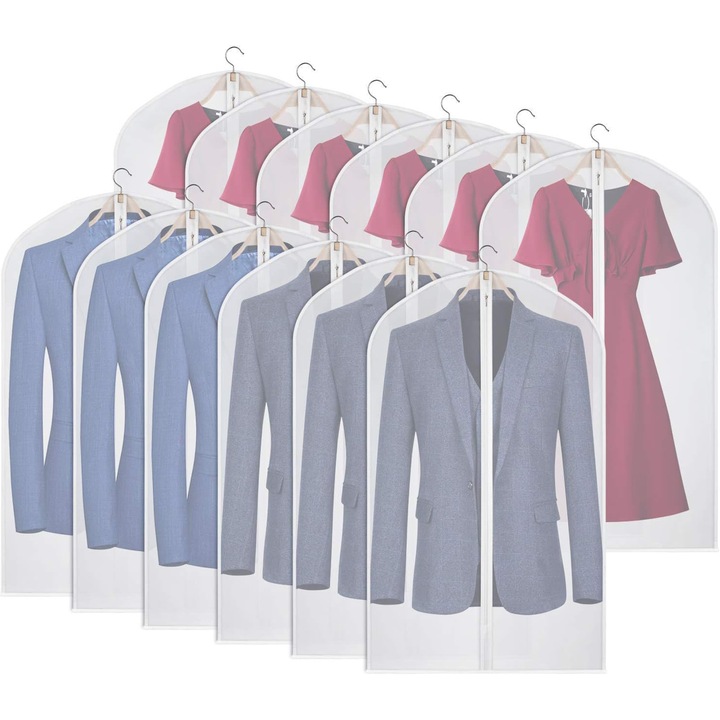 Set 12 huse imbracaminte, Axroad Mall, Rezistent la praf, Impermeabil, Fermoar complet, Reutilizabile, Usoara, Pentru depozitare in dulap si calatorii, PEVA, 60*100cm, Alb