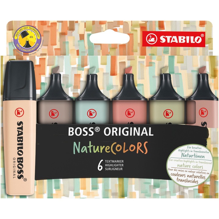 Текстмаркер Stabilo Boss Original NatureCOLORS, 6 цвята/блистер, Кално зелено, земно зелено, умбра, сиена, бежово, топло сиво