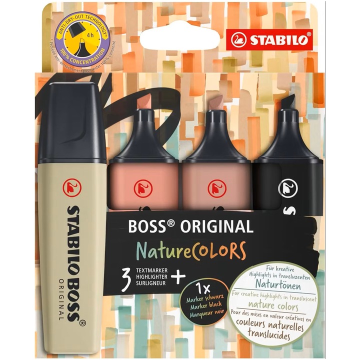 Текстмаркер Stabilo Boss Original NatureCOLORS, 4 цвята/блистер, Черно, кално зелено, умбра, сиена