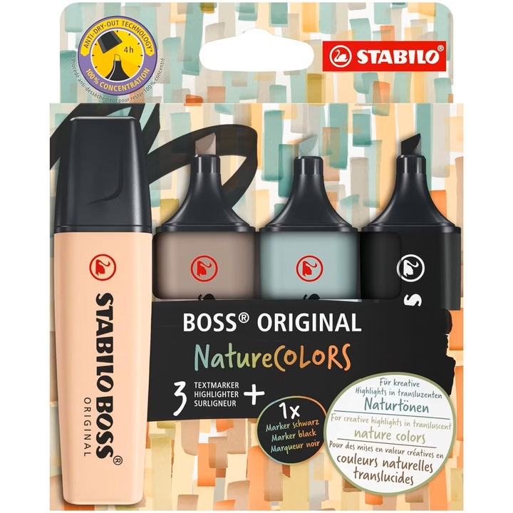Текстмаркер Stabilo Boss Original NatureCOLORS, 4 цвята/блистер, Черно, земно зелено, бежово, топло сиво