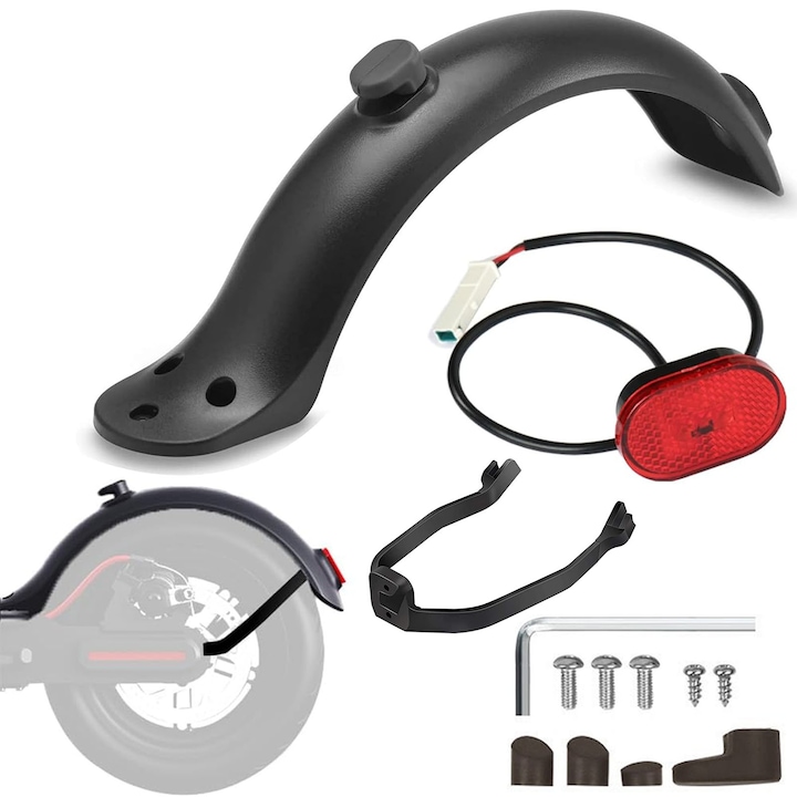 Set protectii noroi trotineta electrica Xiaomi M365, Axroad Mall, Impiedica stropirea cu noroi, Inclusiv suport si lumina spate, suruburi si dopuri protectoare de cauciuc, Instalare usoara, ABS, Negru