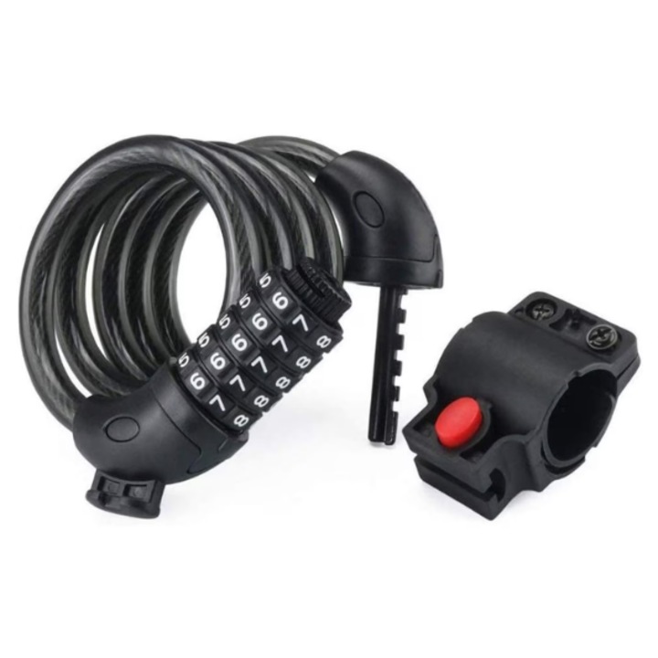 Kerékpár lopásgátló kóddal, Járműlopás elleni védelem, 5 számjegyű jelszó, Tartozék támogatással, Könnyen szállítható, Motorkerékpárokhoz, robogókhoz és kerékpárokhoz, Acél/PVC, 120cm, Fekete