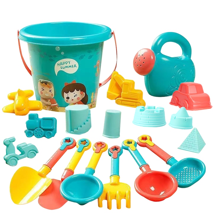 Set 18 jucarii pentru plaja, FreeBiz®, galeata cu accesorii, 22CM*17CM，5-10 ani, albastru