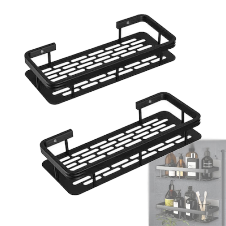 Set de 2 Etajera baie, de dus, suspendate, cu ventuza, negru