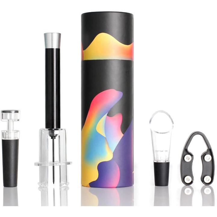 Bordugóhúzó készlet légpumpával Fekete, Dugóhúzók és dugók, fóliával vágott tartozék, levegőztető, vákuumszivattyú dugó