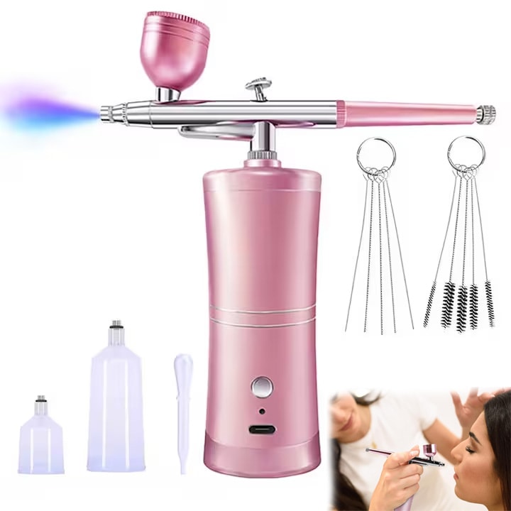 Set aerograf Airbrush portabil cu compresor, pulverizator de mana, Duza 0.45mm, fara fir, pentru manichiura, pictura corp, tatuaj semipermanent, ornare torturi, Roz