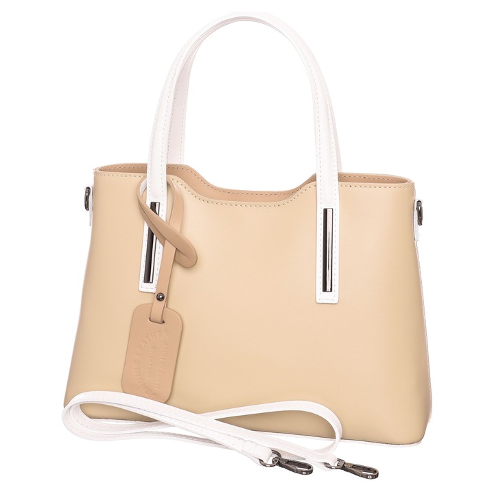 Női táska, bézs, bőr, 29-31,5 x 20 x 12 cm