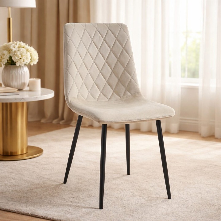 Scaun bucatarie/living, Artool, Turin, catifea bej, picioare metal negru, 44.5x53x88.5 cm