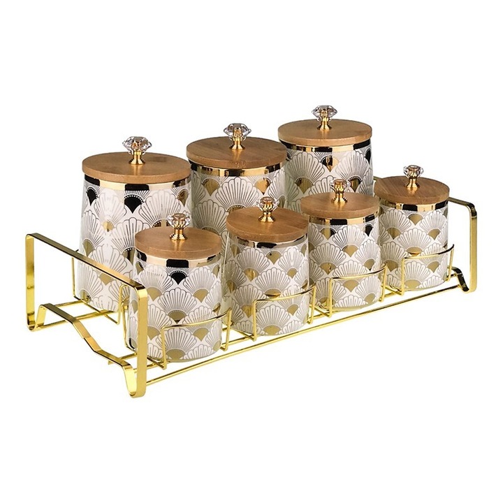 Set din ceramica format din 7 recipiente pentru alimente uscate si condimente asezate pe suport metalic, 39x16 cm, alb-auriu, M1