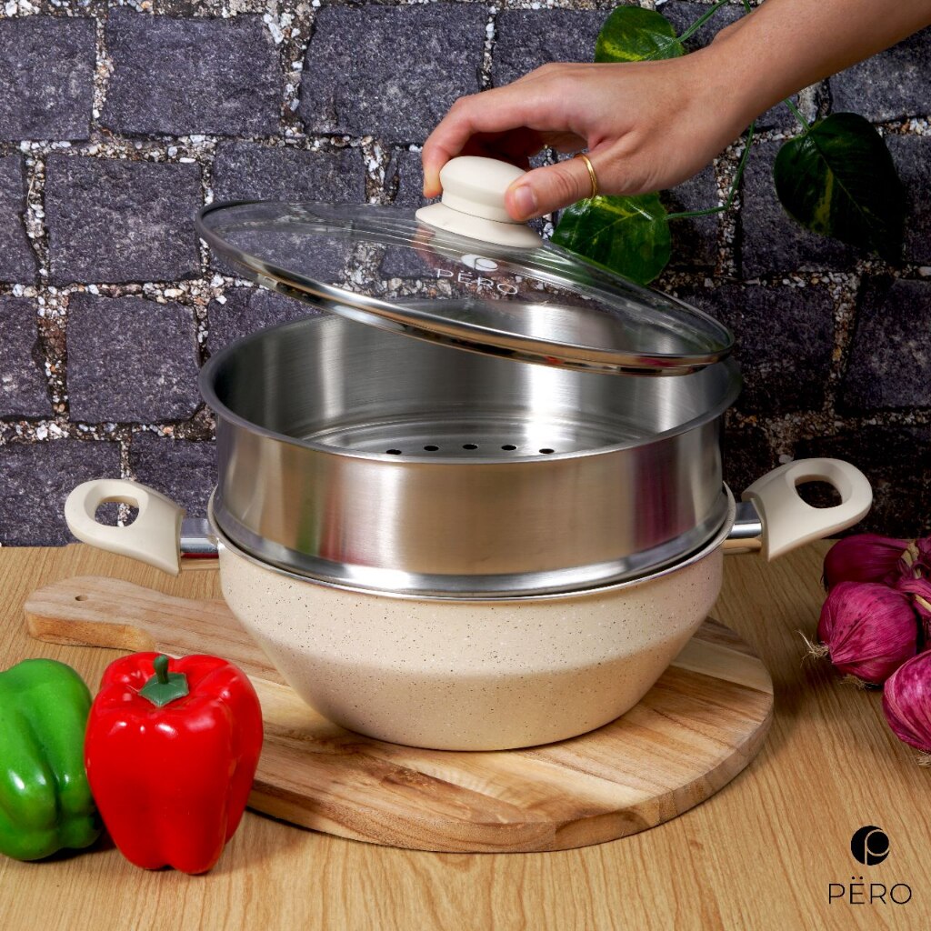 Oala cu steamer, Pero, aluminiu, 4 straturi, 24cm, crem/roz - eMAG.ro