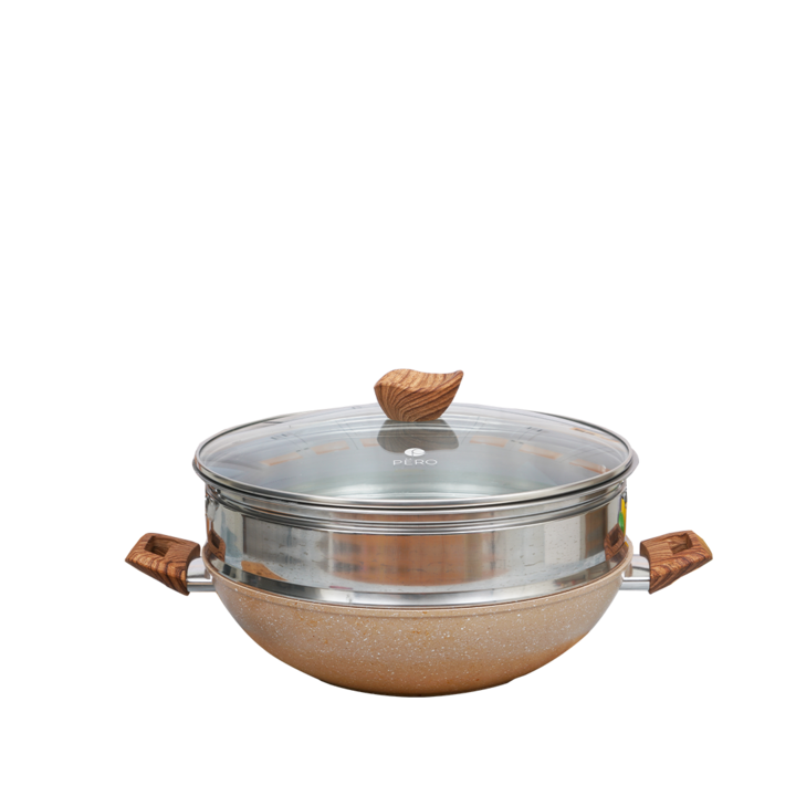 Уок тиган с уред за пара Pero, алуминий с гранит 6 пласта, кремав, 32см