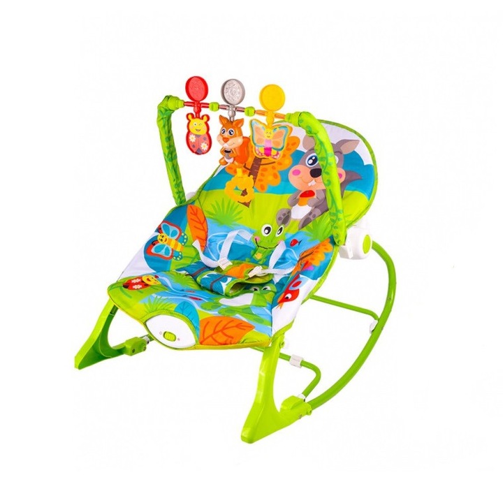 Balansoar multifunctional pentru copii Malplay, cu Muzica, Vibratii, bara detasabila cu 3 jucarii suspendate, Scaunel rabatabil in 2 pozitii, Husa detasabila, Green