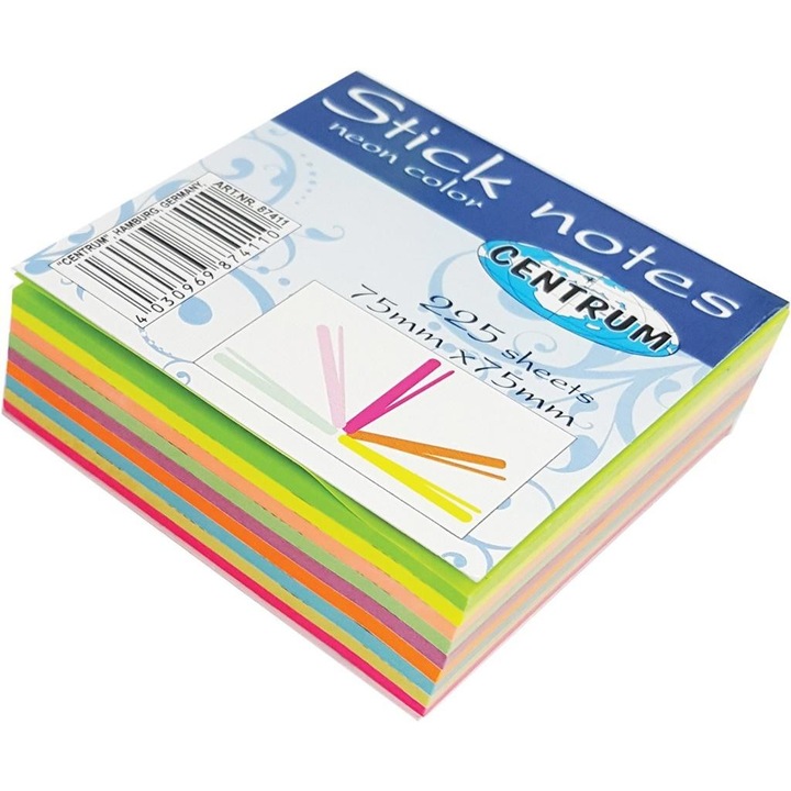Залепващи хартиени кубчета Centrum, 75x75 мм, комплект от 225 бр., многоцветни