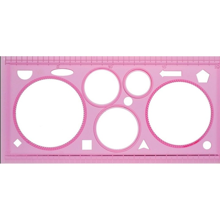 Sablon de desen, Centrum, plastic, cu cercuri, rigla 20 cm, roz