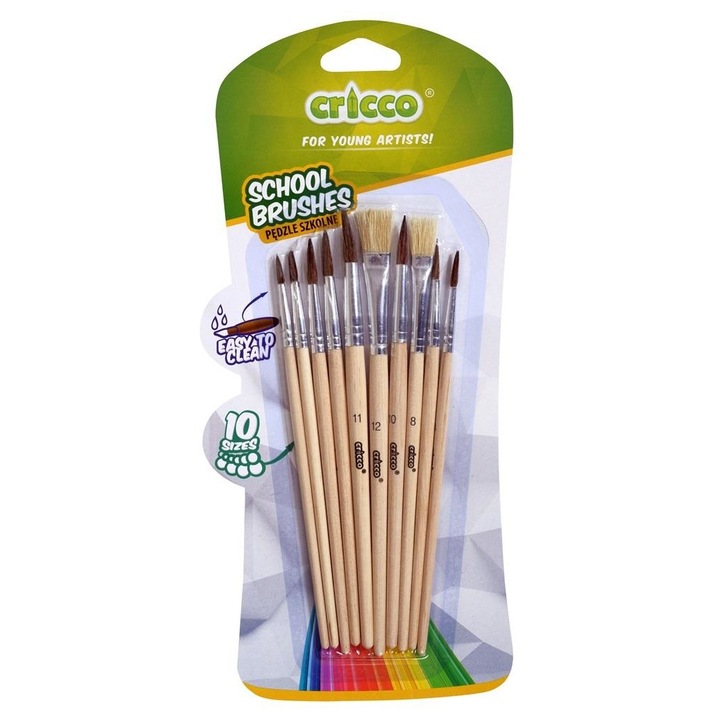 Set de 10 pensule scolare Cricco, maner din lemn, natural, dimensiuni variate