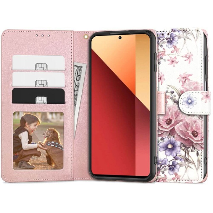 Кожен Калъф с Джобове за Xiaomi Redmi Note 13 Pro 4G, Tech-Protect Wallet Blossom Flower Book Case, Розов