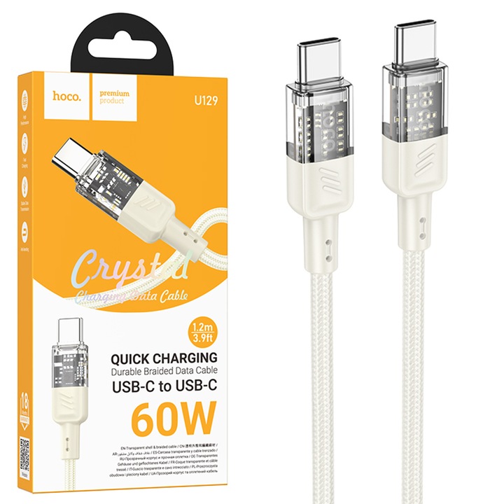 Cablu Hoco, Incarcare si sincronizare Date cu invelis Textil, USB-C la USB-C, 60W, 3A, Fast Charging, Lungime 1.2m, (U129), Bej