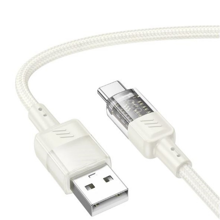 Кабел за данни и зареждане с текстилно покритие, с щепсел тип C към тип C, бързо зареждане, 3A, дължина на кабела 1,2 м, бял, Hoco Crystal U129