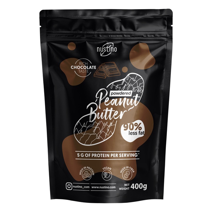 Фъстъчено масло на прах, Nustino Шоколад, 90% по-малко мазнини, с високо съдържание на протеини, нискокалоричен, без палмово масло, 400г