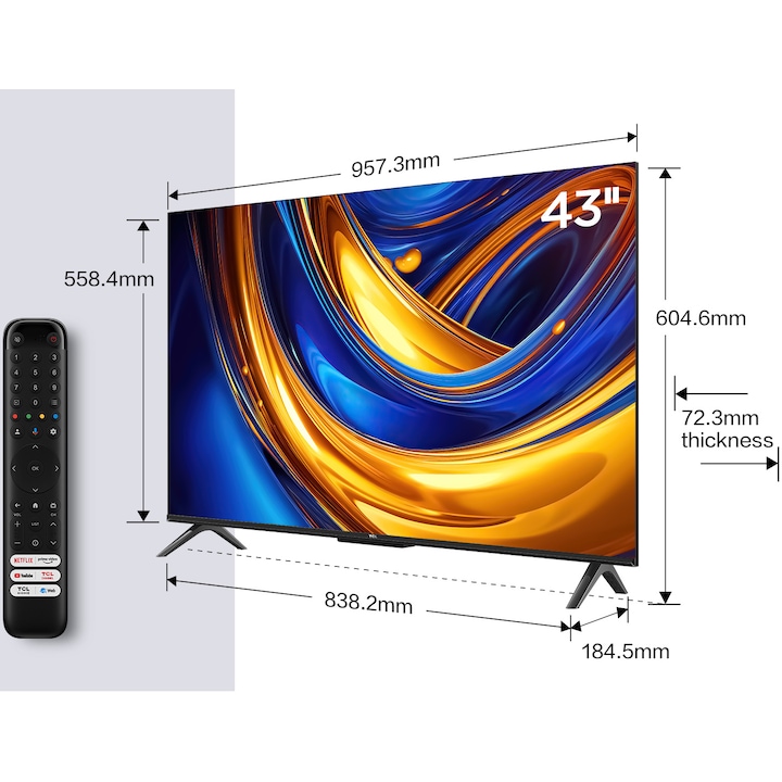 Телевизор TCL LED 43P655, 43" (108 см), Smart Google TV, 4K Ultra HD, Клас F (Модел 2024)