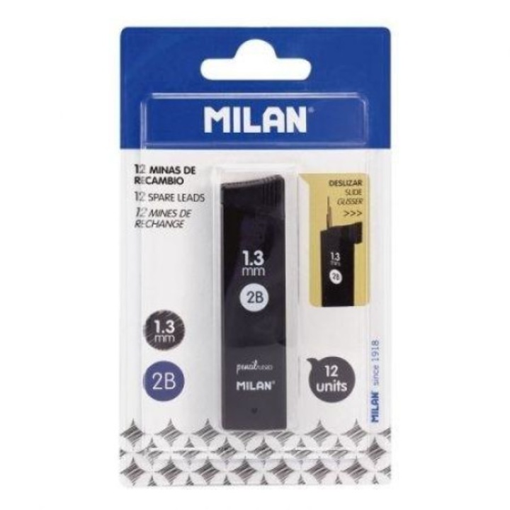 Set 12 mine pentru creion 2B, MILAN, 1.3 mm, negru