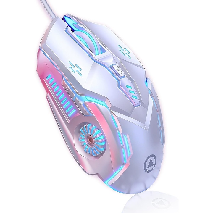 Mouse gaming, Bailink, Reglabil 1200/1600/2400 /3200DPI, Iluminare RGB, 7 culori cu LED, 6 butoane, Egonomic, Alb