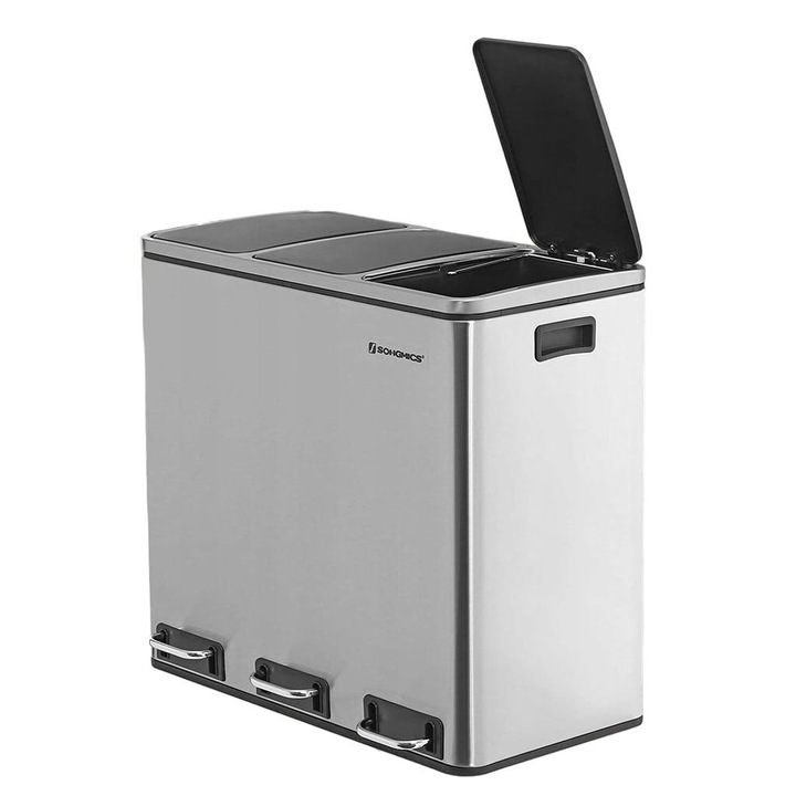 Cos de gunoi cu 3 compartimente, Songmics, Metal/Plastic, 61.5x31.5x84.5cm, Negru/Gri, 54l