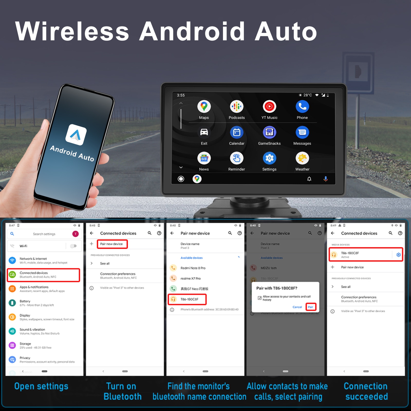 Преносим универсален навигационен безжичен Carplay Android auto 7 инча ...